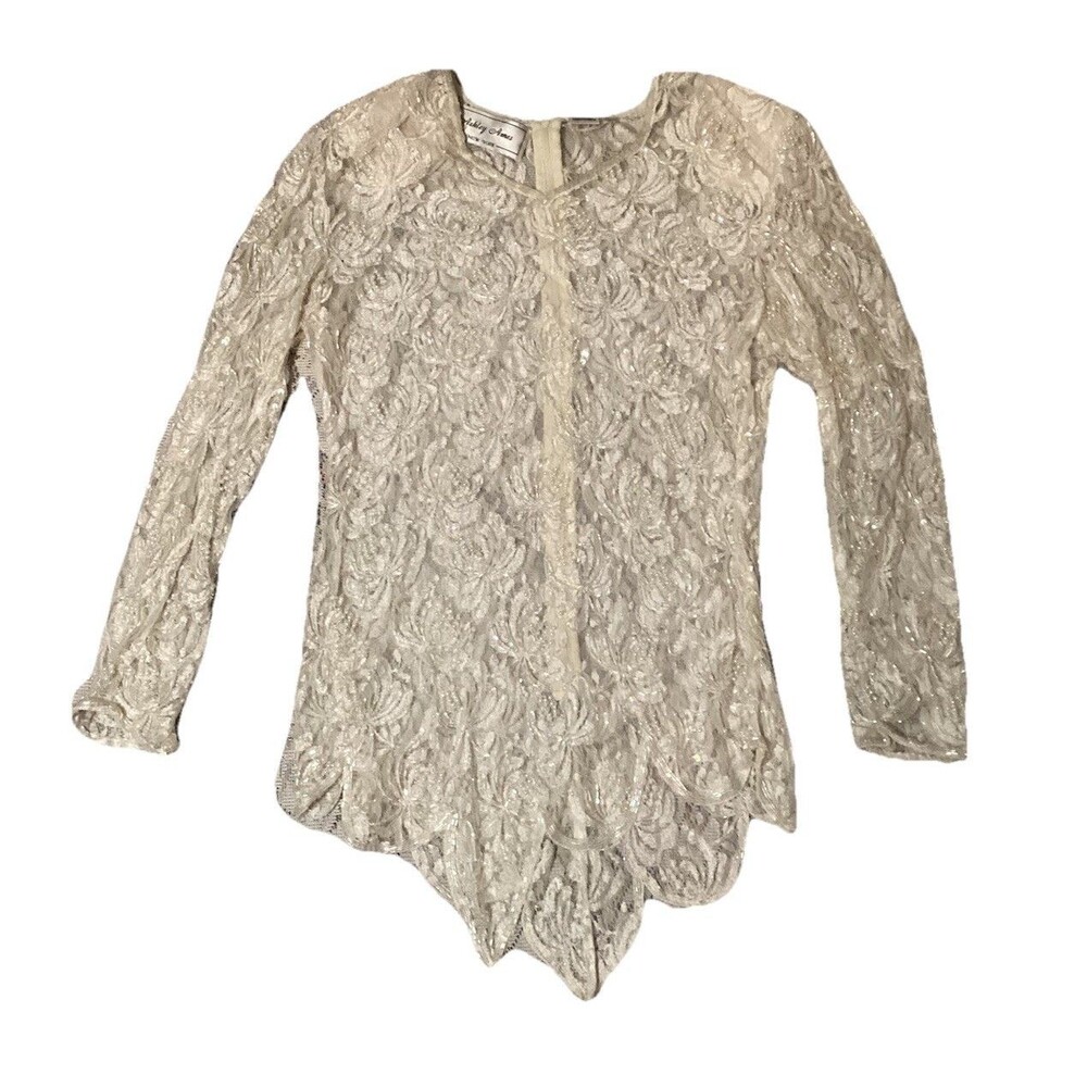 Ashley Ames New York Ivory Pearl Beaded & Lace Sheer Vintage Formal Evening Top